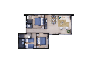 Plan au sol d’un lodge avec deux chambres, deux salles de bain, séjour ouvert, espace repas et cuisine.