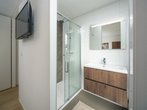 Modernes Lodge-Badezimmer mit Duschkabine, Wand-TV, Holzwaschtisch und beleuchtetem Spiegel.