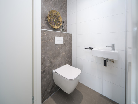 Salle de bain moderne de lodge avec toilettes suspendues, petit lavabo et décoration minimaliste.
