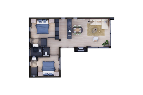 Plan d'une lodge avec deux chambres, deux salles de bain, espace salon ouvert, salle à manger et cuisine.