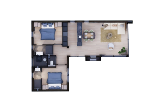 Grundriss einer Lodge mit zwei Schlafzimmern, zwei Bädern, offenem Wohnbereich, Küche und Essplatz.