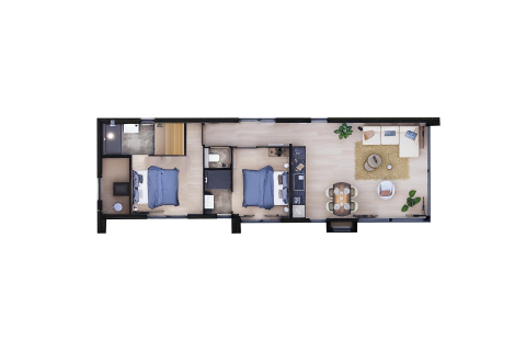 Floor plan of Villa Meerzicht at MarinaPark Beach Resort Soal, Netherlands, showing two bedrooms.