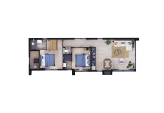 Floor plan of Villa Meerzicht at MarinaPark Beach Resort Soal, Netherlands, showing two bedrooms.