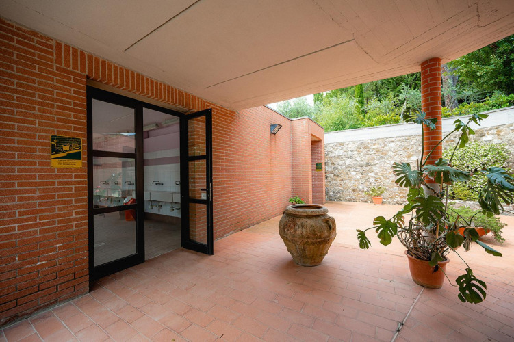 Pasillo exterior con paredes de ladrillo, puertas de vidrio, plantas en maceta y lavamanos en Camping Il Poggetto.