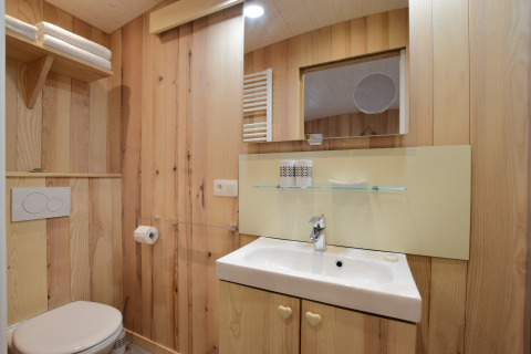 Bagno con pannelli in legno a La roulotte des Ardennes, Belgio, con lavandino, specchio e mensole.