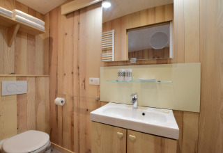 Bagno con pannelli in legno a La roulotte des Ardennes, Belgio, con lavandino, specchio e mensole.