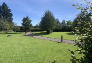 Prato verde con sentiero di ghiaia e alberi presso La roulotte des Ardennes in Belgio in una giornata soleggiata.