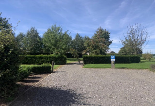 Viale di ghiaia con segnale di parcheggio e siepi verdi alla lodge La roulotte des Ardennes in Belgio.