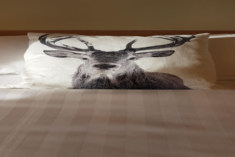 Un cuscino con una stampa di cervo su un letto nel lodge La roulotte des Ardennes in Belgio.
