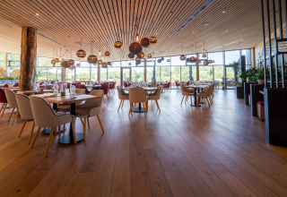 Restaurante luminoso con decoración de madera y grandes ventanales en un alojamiento de glamping moderno.