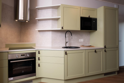 Moderne keuken in een glampingaccommodatie met groene kasten, kookplaat, oven, magnetron en spoelbak.
