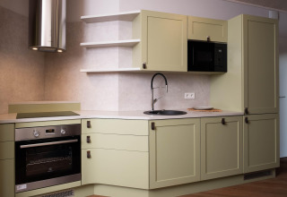 Moderne keuken in een glampingaccommodatie met groene kasten, kookplaat, oven, magnetron en spoelbak.