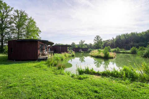 Moderne houten lodges aan een vijver, omgeven door groene vegetatie en bomen op een rustige locatie.