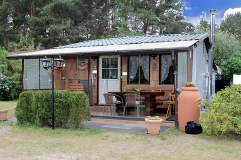 Maison de vacances Susanne 58 qm avec terrasse vitrée, coin salon extérieur et jardin entouré d’arbres.