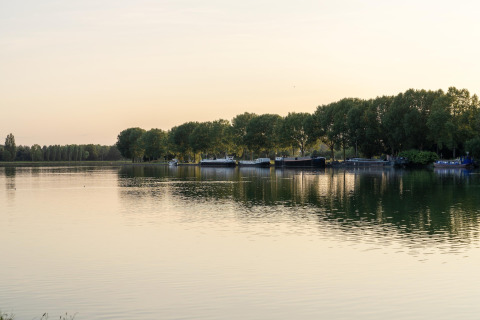 Blick auf Hausboote am Seeufer mit ruhigem Wasser und Bäumen, aufgenommen bei Sonnenuntergang.