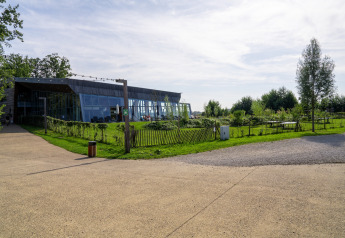 Photo of a modern glamping accommodation with glass walls and lush green garden under a partly cloudy sky.