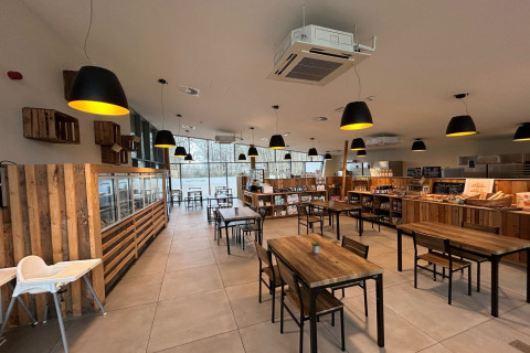 Espaciosa cafetería moderna en un alojamiento glamping, con mesas de madera y estantes de exhibición.