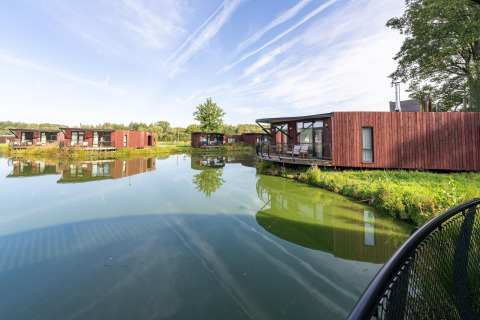 Moderne glampinghuisjes van hout aan een meer, omgeven door natuur en weerspiegeld in het water.