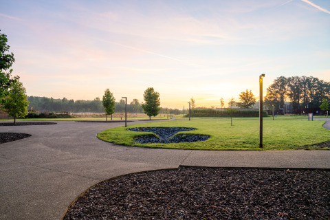 Uitzicht op een glampingterrein bij zonsopkomst met grasvelden, kronkelende paden en moderne verlichting.