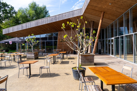 Buiten eetgedeelte bij een glamping-accommodatie met modern houten gebouw, tafels en bomen.