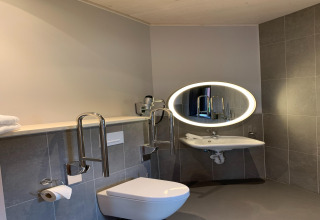 Rolstoeltoegankelijke badkamer met hangend toilet, beugels, wastafel en verlicht spiegel bij The Large Leaf by YourNature.