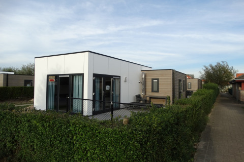 Moderne lodge in Breeduyn Village 3 in België, met omheinde tuin en naastgelegen wandelpad.