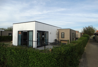 Moderne lodge in Breeduyn Village 3 in België, met omheinde tuin en naastgelegen wandelpad.