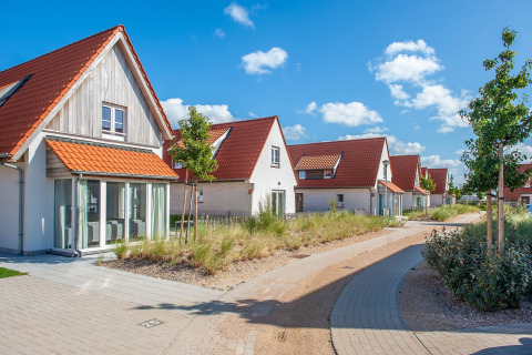 Moderne vakantiehuizen met rode daken en groen in Breeduyn Village 3, België, op een zonnige dag.