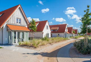 Moderne vakantiehuizen met rode daken en groen in Breeduyn Village 3, België, op een zonnige dag.