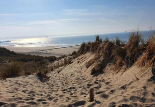 Uitzicht op strand, duinen en zee vanaf Breeduyn Village 3 lodge in België op een zonnige dag.