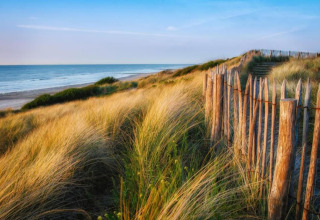 Zandduinen met houten hekwerk bij Breeduyn Village 3 lodge aan de Belgische kust bij zonsondergang.