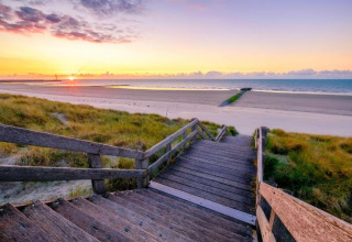 Houten trap loopt naar een rustige strand bij zonsondergang bij Breeduyn Village 3 lodge in België.