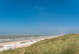 Uitzicht op het strand bij Breeduyn Village 3 in België met witte huisjes en grasduinen onder blauwe lucht.