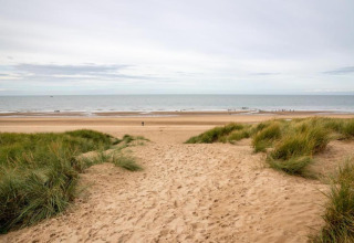 Uitzicht vanaf de duinen bij Breeduyn Village 3 lodge in België, op een zandstrand en rustige zee.