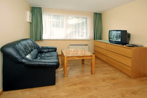 Woonkamer in Bungalow «35 qm 2 Pers» in Duitsland met zwarte zetel, tafel en tv op dressoir.