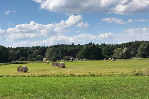 Zicht op een weide met hooibalen en bomen bij een glampingverblijf onder een lichte, wolkige lucht.