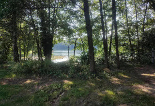 Uitzicht op een meer tussen bomen bij een glamping-accommodatie, zonlicht door het bladerdak.