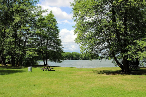 Prato verde con tavolo da picnic e vista lago circondato da alberi presso Holiday home 'Susanne' in Germania.