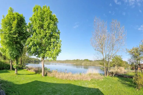Uitzicht vanop een glamping accommodatie met groene bomen, vijver en blauwe lucht bij zomers weer.