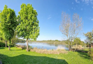 Uitzicht vanop een glamping accommodatie met groene bomen, vijver en blauwe lucht bij zomers weer.