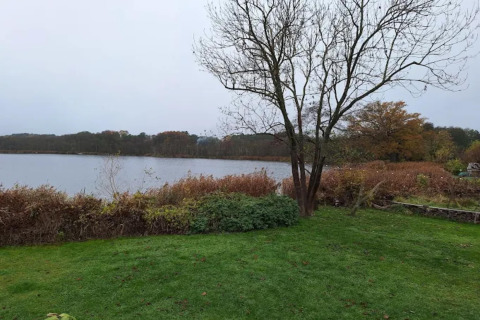 Vista lago con prato verde e alberi presso Bungalow «50 qm 5 Pers» in Germania nel periodo autunnale.