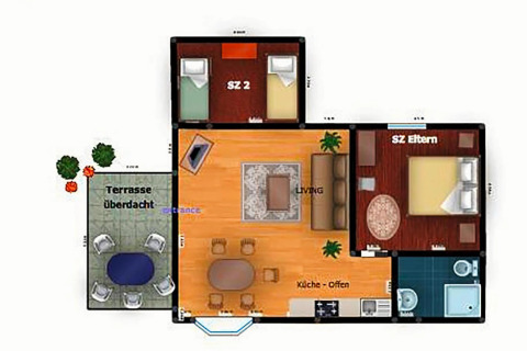 Planimetria di bungalow in Germania per 5 persone con due camere, soggiorno, cucina a vista e terrazza coperta.