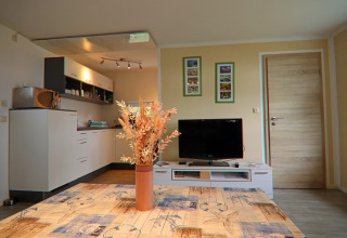 Woonkamer en keuken in lodge 'Am Strand' in Duitsland met tv, bloemen en moderne inrichting.
