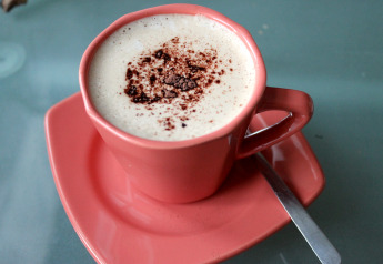 Kop koffie met melkschuim en cacaopoeder in een roze kop, geserveerd bij lodge «Am Strand» in Duitsland.