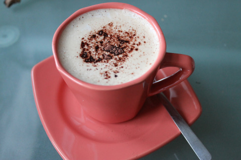 Kop koffie met melkschuim en cacaopoeder in een roze kop, geserveerd bij lodge «Am Strand» in Duitsland.