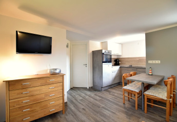 Modern bungalow apartment with open kitchen, wooden furniture, flat screen TV and dining area, Germany.