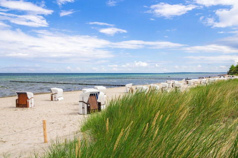 Plage avec chaises de plage et dunes herbeuses près du complexe de bungalows Gänseblümchen 6 en Allemagne.