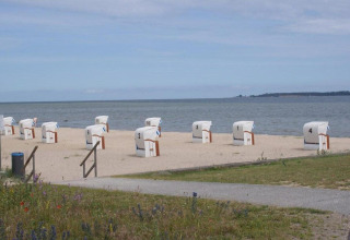 Sillas de playa numeradas en la arena frente al mar en el complejo Gänseblümchen 6 en Alemania.