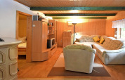 Cozy living room with wood paneling, sectional sofa, armchair, and TV in Neustadt lodge, Germany.