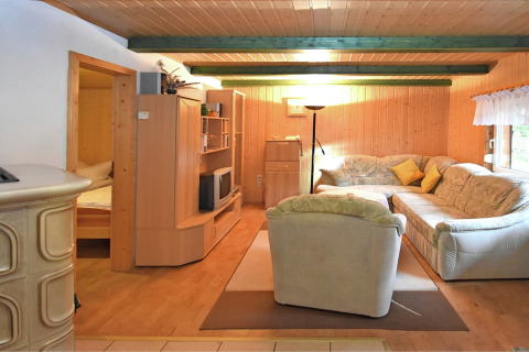 Gezellige woonkamer met houten lambrisering, hoekbank, fauteuil en tv in lodge Neustadt, Duitsland.